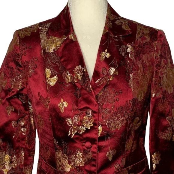 Newport News Asian Inspired Jacquard Blazer 4 Red Gold Buttons 3/4 Sleeve NEW - Picture 2 of 6